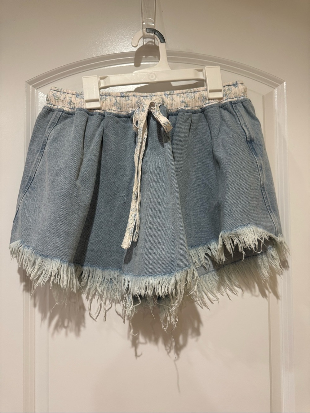 Peach Love California Skort with blue floral stitching waistband